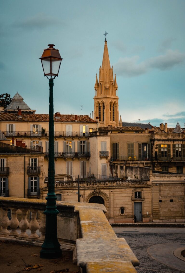 Une photo d'un clocher de Montpellier en soirée