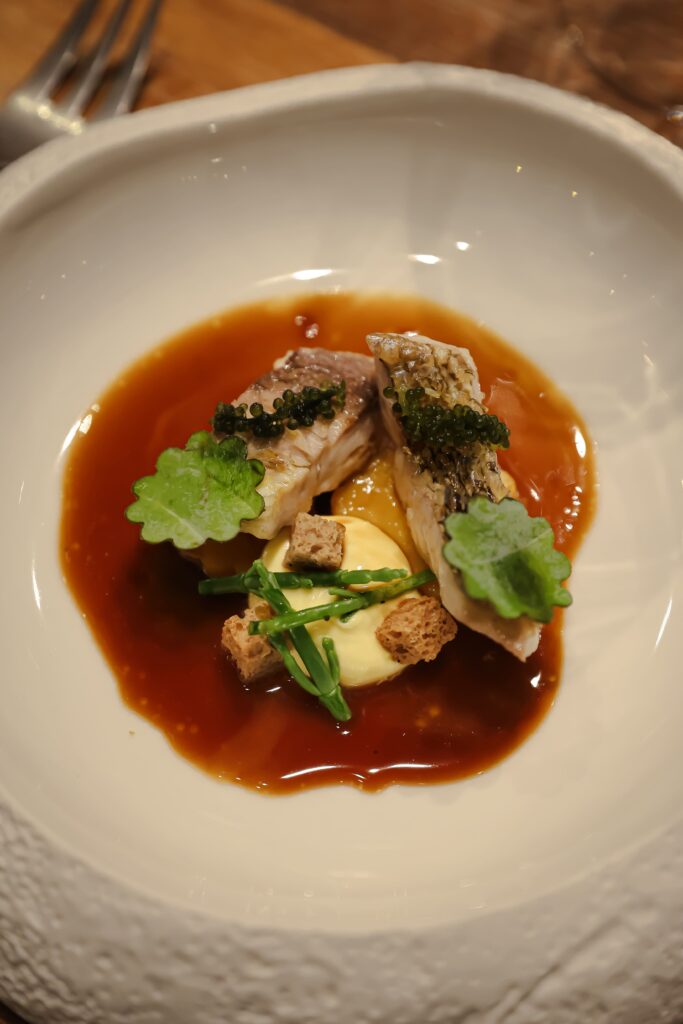 Plat de poisson au restaurant gastronomique La Coopérative du Domaine Riberach à Bélesta.