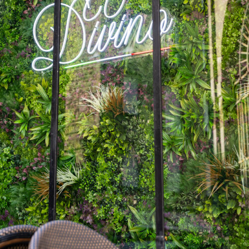 Mur végétal décoratif avec logo du restaurant O Divino à Saint-Malo.