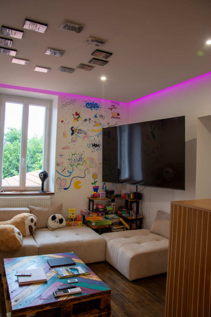 La télé dans le salon du gîte pour 12 personnes Les Spas Insolites à Saint-Junien à 20 minutes de Limoges