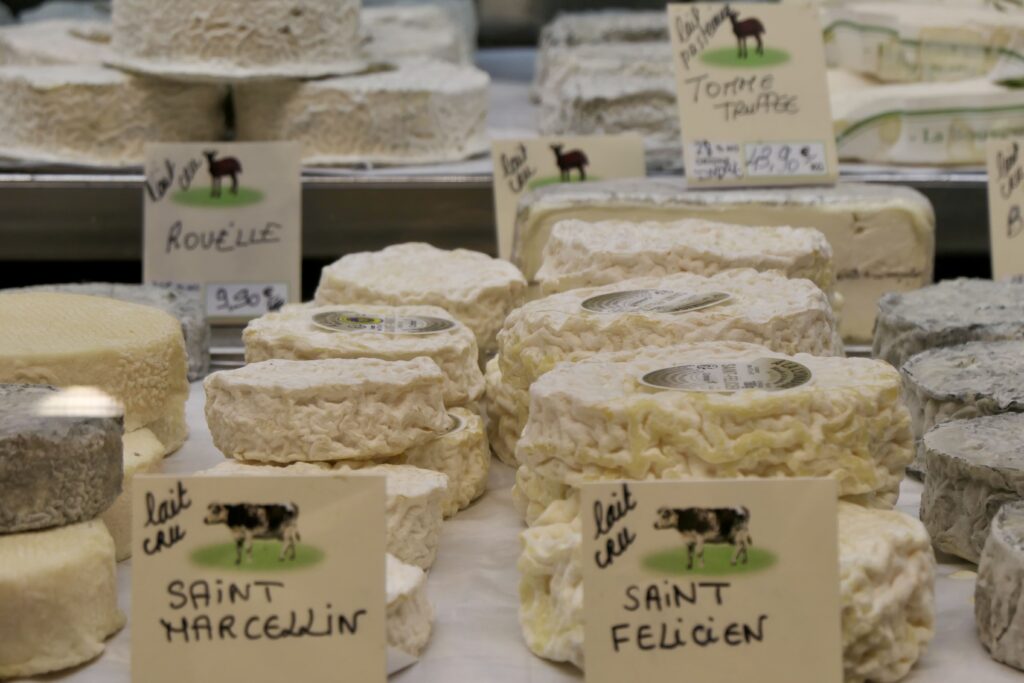 Vitrine de fromages à la fromagerie Les Délices de Mamou au marché de La Teste-de-Buch.