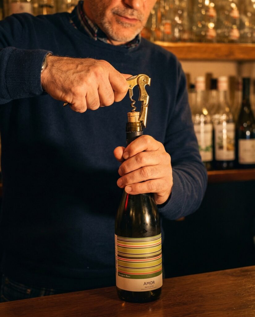 Ouverture d'une bouteille de vin au Hibou Saint Michel