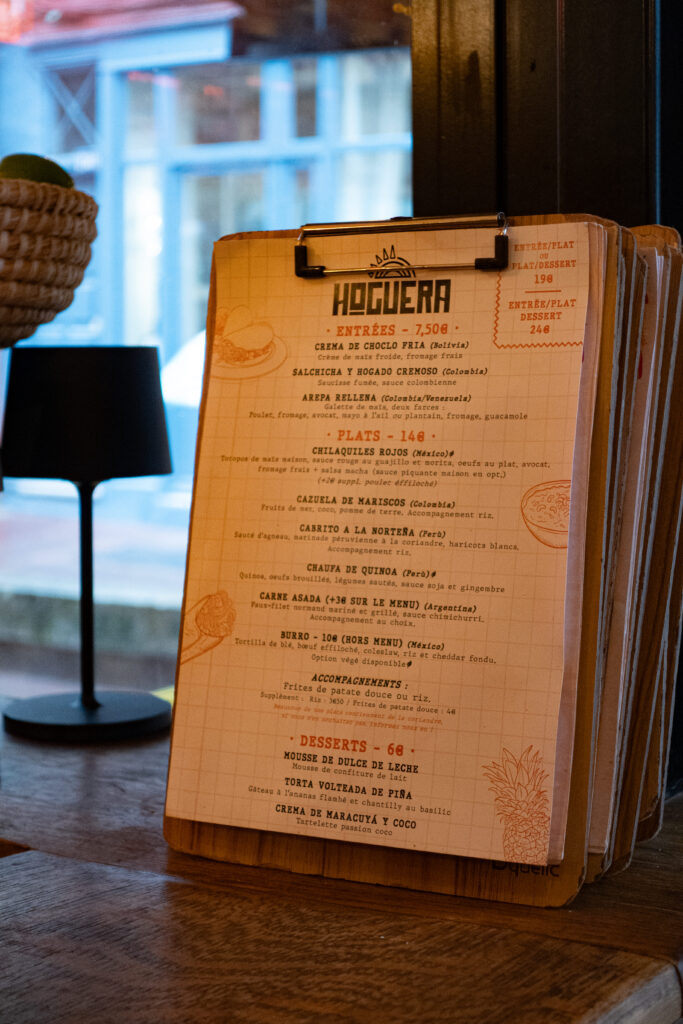 carte du restaurant hoguera bar et restaurant latino à rouen